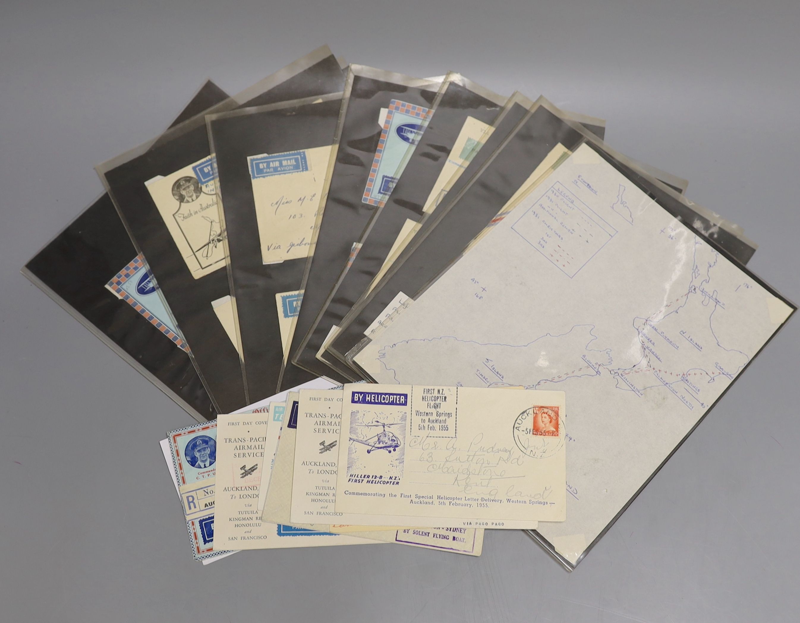 New Zealand Air Mail covers on display sheets mostly 1930's with flights within N.Z., to Australia and to UK